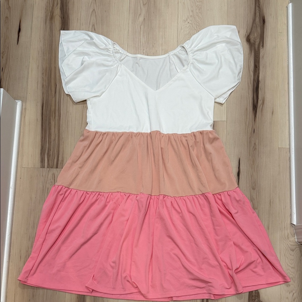 SHEIN White and Pink Colorblock Tiered Dress